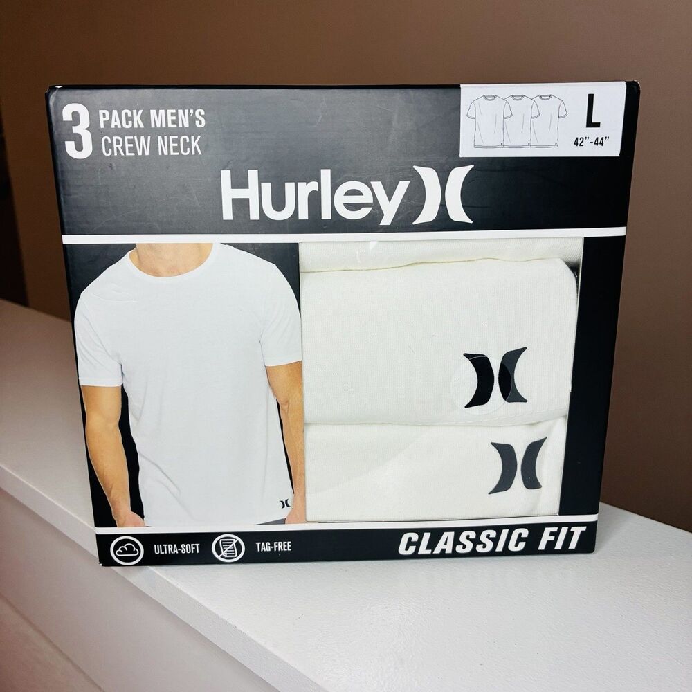Hurley Men's Classic Fit Crew Neck T-Shirt 3-Pack White Size L Cotton Blend (new